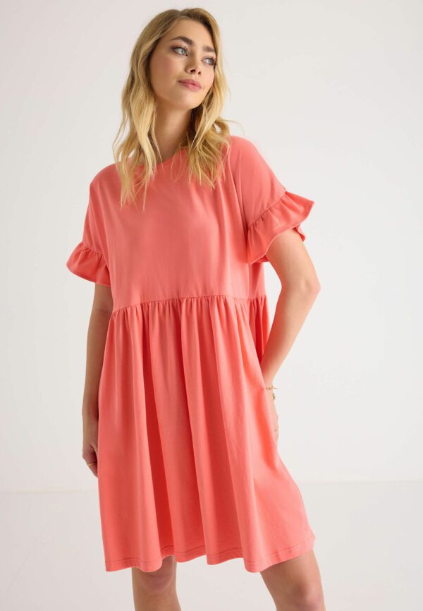 Womens Coral Frill Sleeve T-shirt Dress