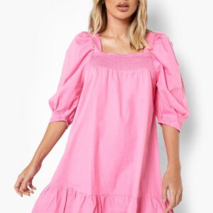 Womens Cotton Puff Sleeve Dropped Hem Smock Dress - Pink - 6