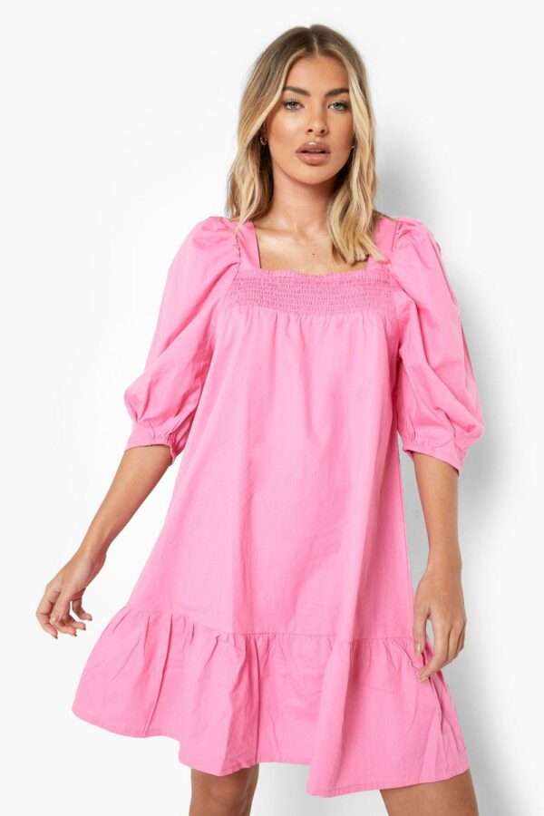 Womens Cotton Puff Sleeve Dropped Hem Smock Dress - Pink - 6