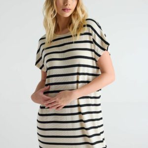 Womens Cream & Black Stripe T-shirt Mini Dress