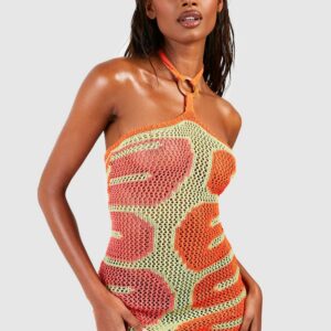 Womens Crochet Halter Square Ring Beach Dress - Orange - L