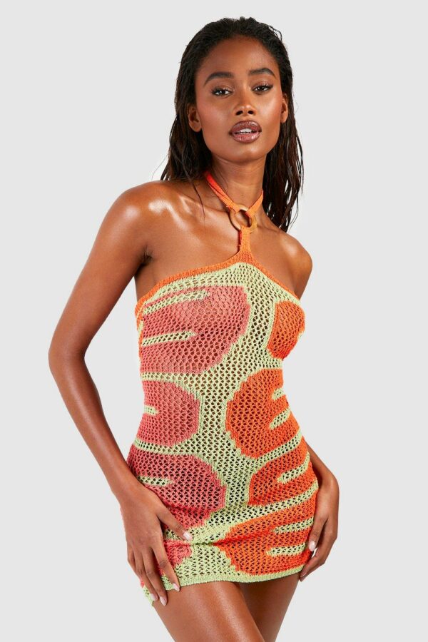 Womens Crochet Halter Square Ring Beach Dress - Orange - L