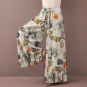 Women's Culottes Wide Leg Wide Leg Trousers Full Length Faux Linen Pocket Baggy Mid Waist Fashion Streetwear Holiday Weekend Yellow Red S M Summer Spring Fal