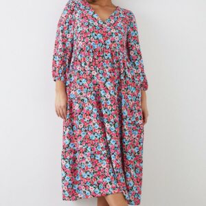 Womens Curve Pink Ditsy Floral Smock Midi Dress