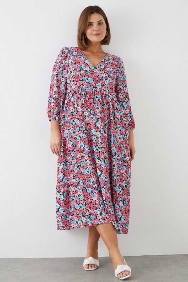 Womens Curve Pink Ditsy Floral Smock Midi Dress