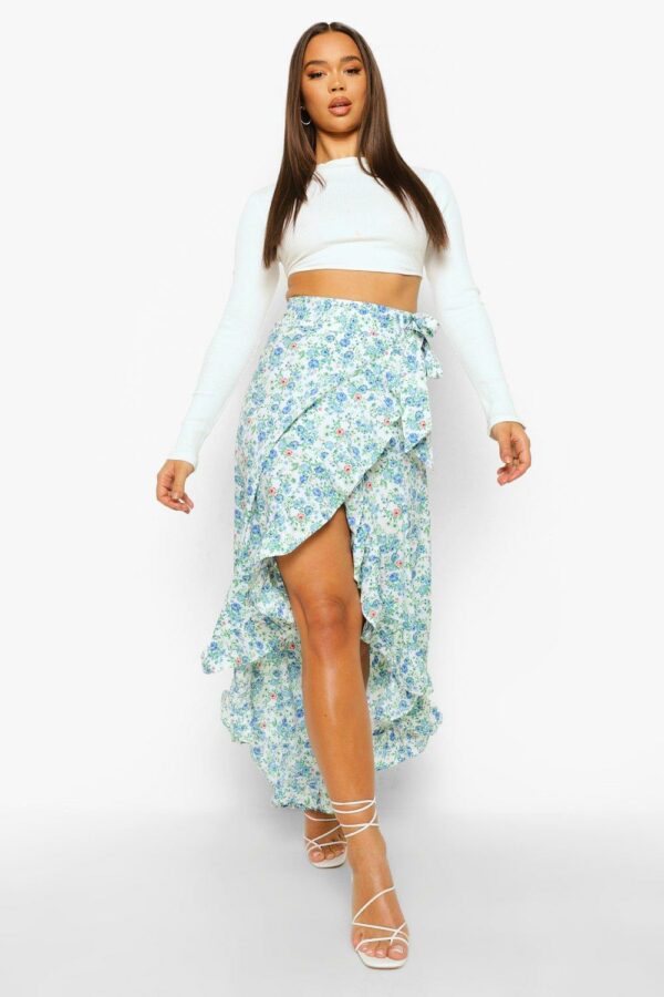 Womens Ditsy Floral Woven Frill Maxi Skirt - White - 2