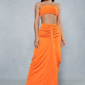 Womens Drape Front Ruched Maxi Skirt - orange - 8, Orange