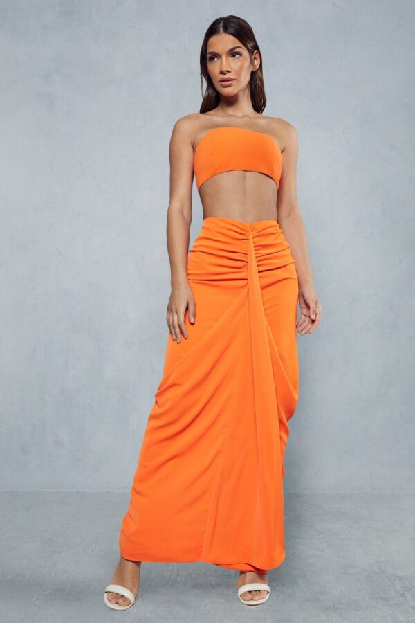 Womens Drape Front Ruched Maxi Skirt - orange - 8, Orange