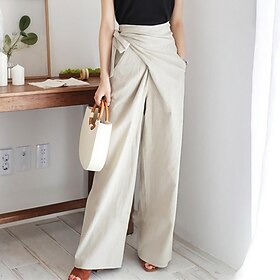 Women's Dress Pants Culottes Wide Leg Wide Leg Full Length Faux Linen Side Pockets Baggy Mid Waist Fashion Party Casual Black Khaki M L Summer Spring Fall