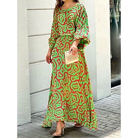 Women's Dress Set Casual Dress Skirt Set Swing Dress Outdoor Date Fashion Modern Print Long Dress Maxi Dress Crew Neck 3/4 Length Sleeve Floral Geometric Loose