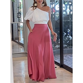 Women's Dress Set Casual Dress Skirt Set Swing Dress Outdoor Date Fashion Streetwear Pocket Long Dress Maxi Dress One Shoulder Half Sleeve Plain Regular Fit Su