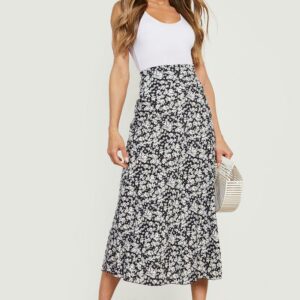 Womens Floral Print Light Weight Woven Maxi Skirt - Black & White - 8