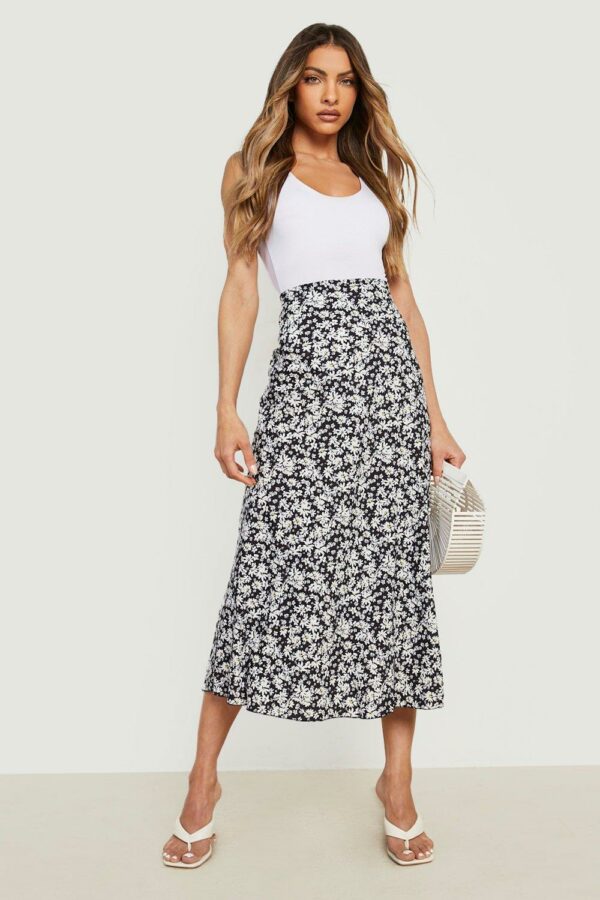 Womens Floral Print Light Weight Woven Maxi Skirt - Black & White - 8