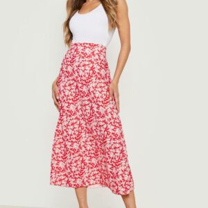 Womens Floral Print Light Weight Woven Maxi Skirt - Red - 12