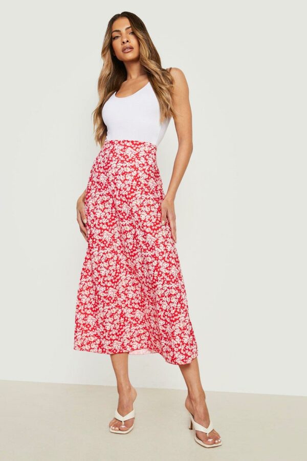 Womens Floral Print Light Weight Woven Maxi Skirt - Red - 12