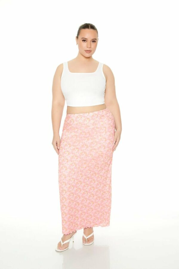 Women's Floral Print Maxi Skirt in Pink, 1X