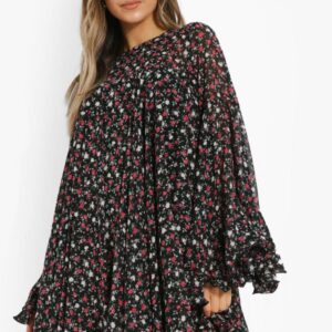 Womens Floral Print Pleated Detail Smock Dress - Black - 14