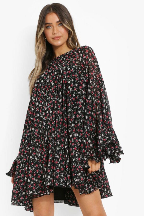 Womens Floral Print Pleated Detail Smock Dress - Black - 14