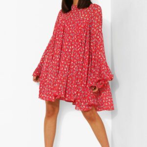 Womens Floral Print Pleated Detail Smock Dress - Red - 6