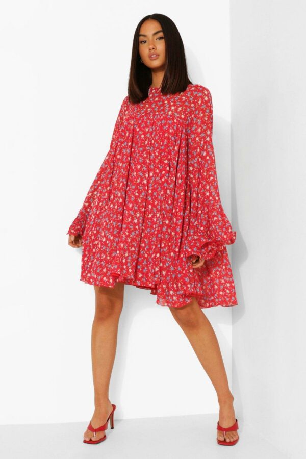 Womens Floral Print Pleated Detail Smock Dress - Red - 6