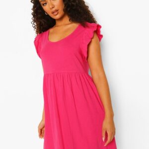 Womens Frill Sleeve Scoop Neck Smock Dress - Pink - 14