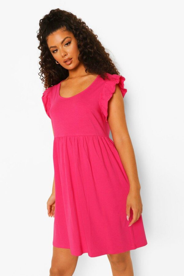 Womens Frill Sleeve Scoop Neck Smock Dress - Pink - 14