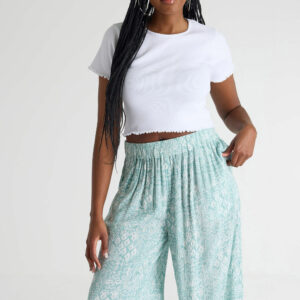 Womens Green Aztec Print Crinkle Culottes