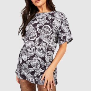 Womens Halloween Floral Skull T-Shirt Dress - Black - 10