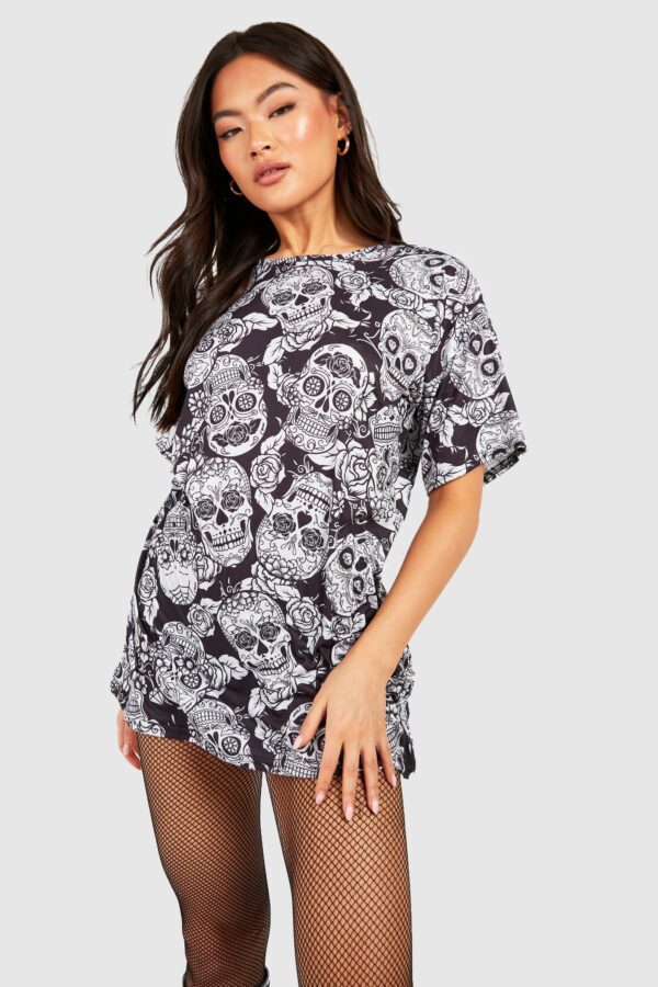 Womens Halloween Floral Skull T-Shirt Dress - Black - 10