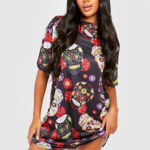 Womens Halloween Sugar Skull T-Shirt Dress - Black - 10