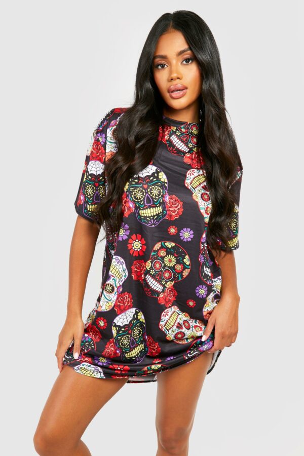 Womens Halloween Sugar Skull T-Shirt Dress - Black - 10