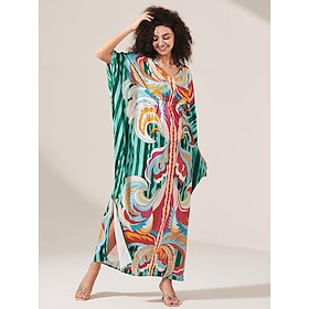 Women's Kaftan Dress Graphic Print Split Hem V Neck Batwing Sleeve Maxi Dress Hawaiian Casual Daily Vacation 3/4 Length Sleeve Summer