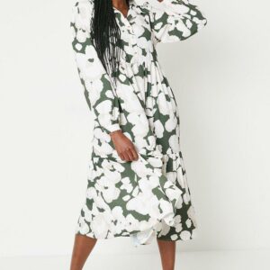 Womens Khaki Animal Smock Midi Shirt Dress