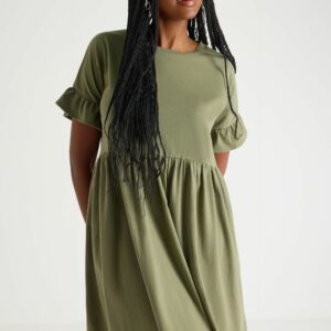 Womens Khaki Frill Sleeve T-shirt Dress