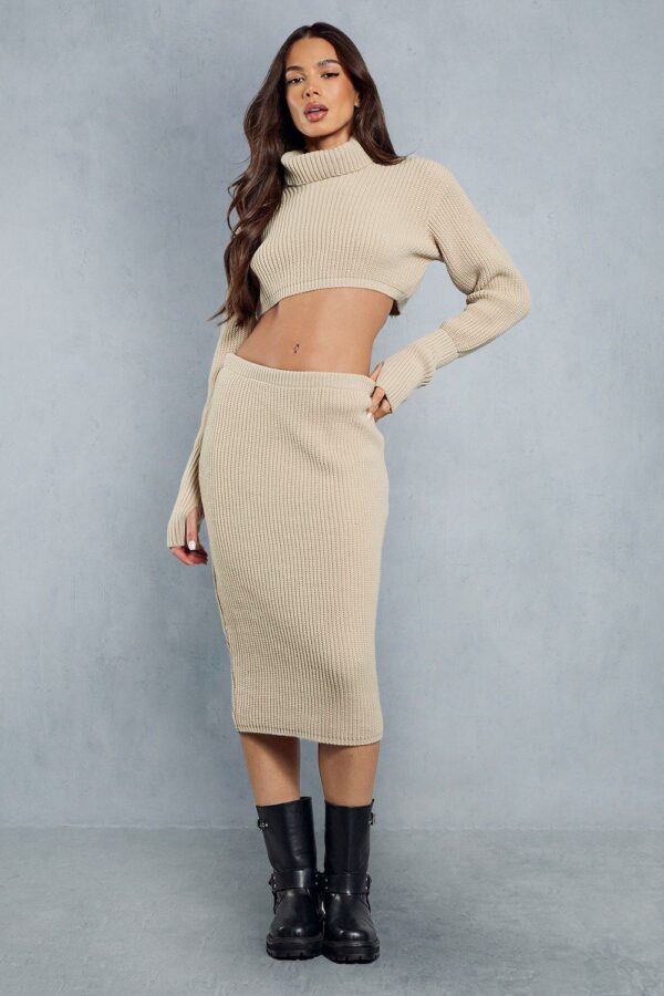 Womens Knitted High Waist Midi Skirt - stone - 6, Stone