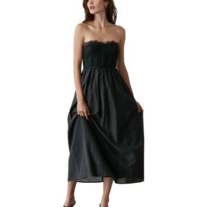 Women's Lace Corset Strapless Midi Dress - Black