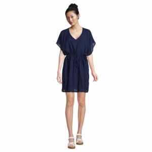 Women's Lands' End Gathered Waist Kaftan Swim Cover-Up Dress, Size: Large, Deep Blue