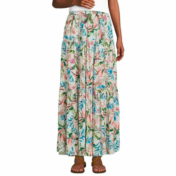 Women's Lands' End Printed Flowy Tiered Maxi Skirt, Size: Large, Alabaster Team Palm