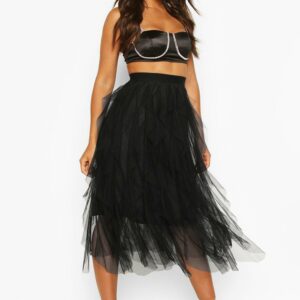 Womens Layered Tulle Midi Skirt - Black - 6