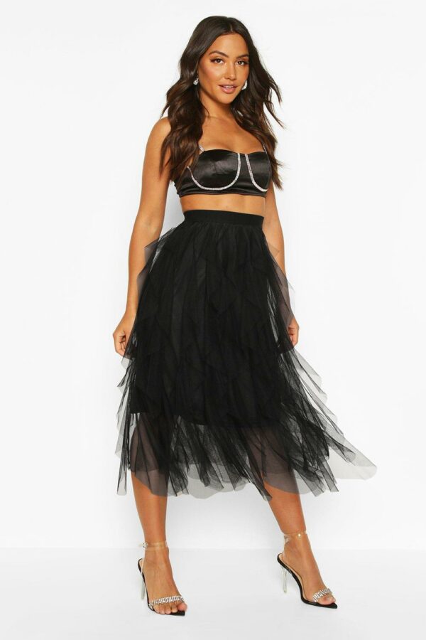 Womens Layered Tulle Midi Skirt - Black - 6