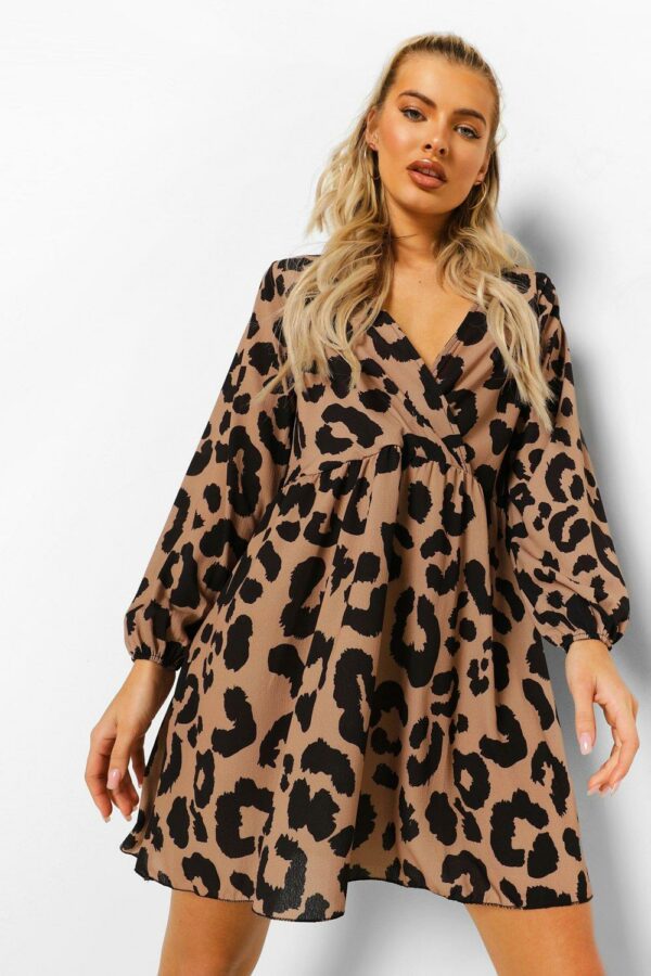 Womens Leopard Wrap Front Smock Dress - Brown - 4