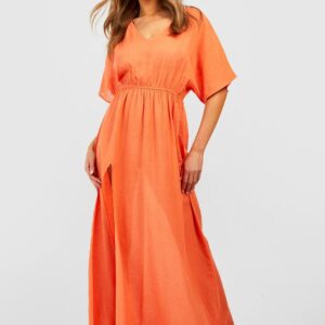 Womens Linen Look Tie Waist Maxi Beach Kaftan Dress - Orange - M