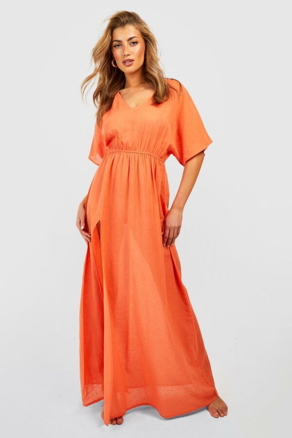 Womens Linen Look Tie Waist Maxi Beach Kaftan Dress - Orange - M