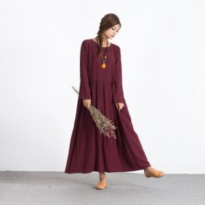 Women's Linen Maxi Dress Cotton Long Sleeves Autumn Winter Plus Size Clothing Loose Kaftan Large Bridesmaid A76