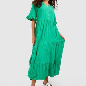 Womens Linen Tiered Midaxi Smock Dress - Green - 8, Green