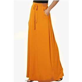 Women's Long Skirt Maxi Skirts Pocket Drawstring Solid Colored Party Halloween Spring Summer Polyester Fashion Baby blue Black Yellow khaki