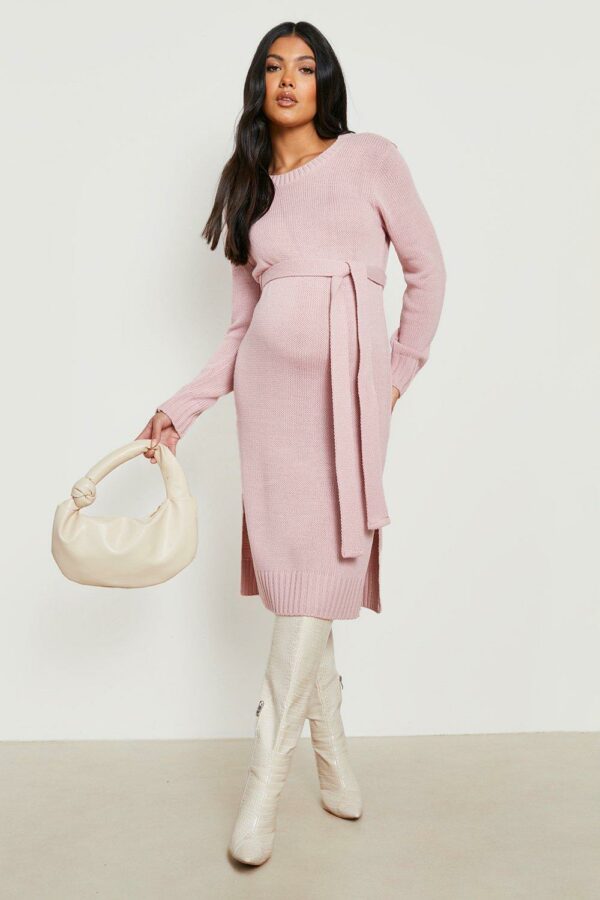 Womens Maternity Crew Neck Jumper Midi Dress - Pink - 14, Pink