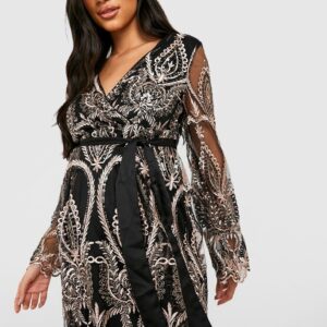 Womens Maternity Damask Sequin Wrap Skater Dress - Black - 10, Black