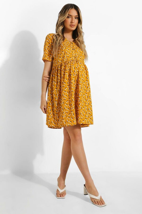 Womens Maternity Floral Button Down Smock Dress - Yellow - 12