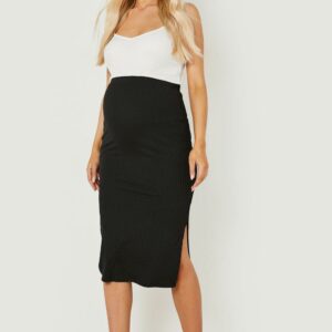 Womens Maternity Rib Split Hem Midi Skirt - Black - 12